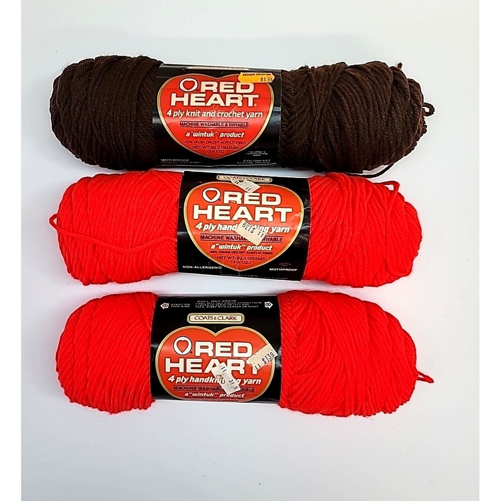 Lot of 3 Red Heart 4ply Knit/Crochet Yarn Skeins Scarlet/Coffee Acrylic 3.5oz